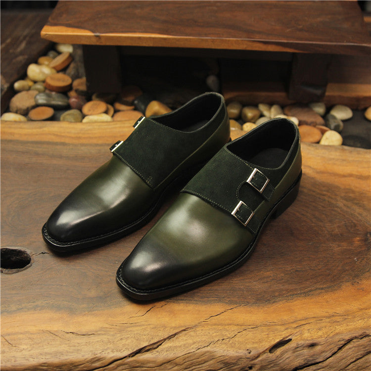 Men's Olive Green Double Monk Strap Dress Shoes | Leather & Suede Square Toe Formal Oxford