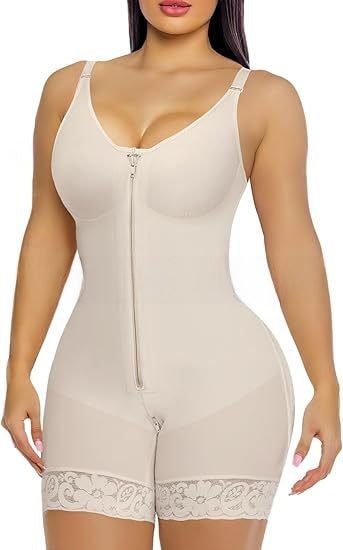Women's Full Body Shapewear Bodysuit | Tummy Control Butt Lifter Fajas | Zipper Front Lace Hem Waist Trainer Nude Black