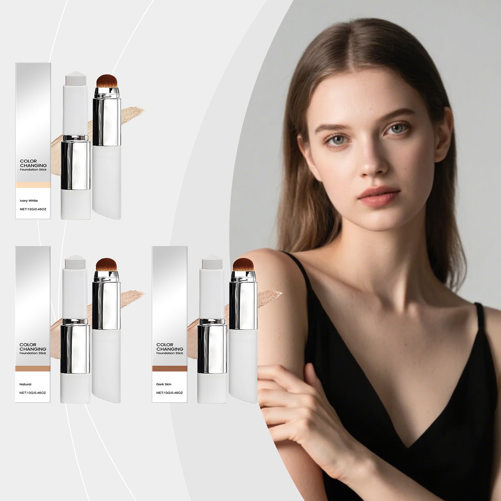 Zephoco Color Changing Foundation Stick Natural Shade | 13g Skin Tone Adaptive Foundation Stick with Built-In Brush | Full Coverage Seamless Complexion Makeup for Medium Natural Skin Tones | All Skin Types