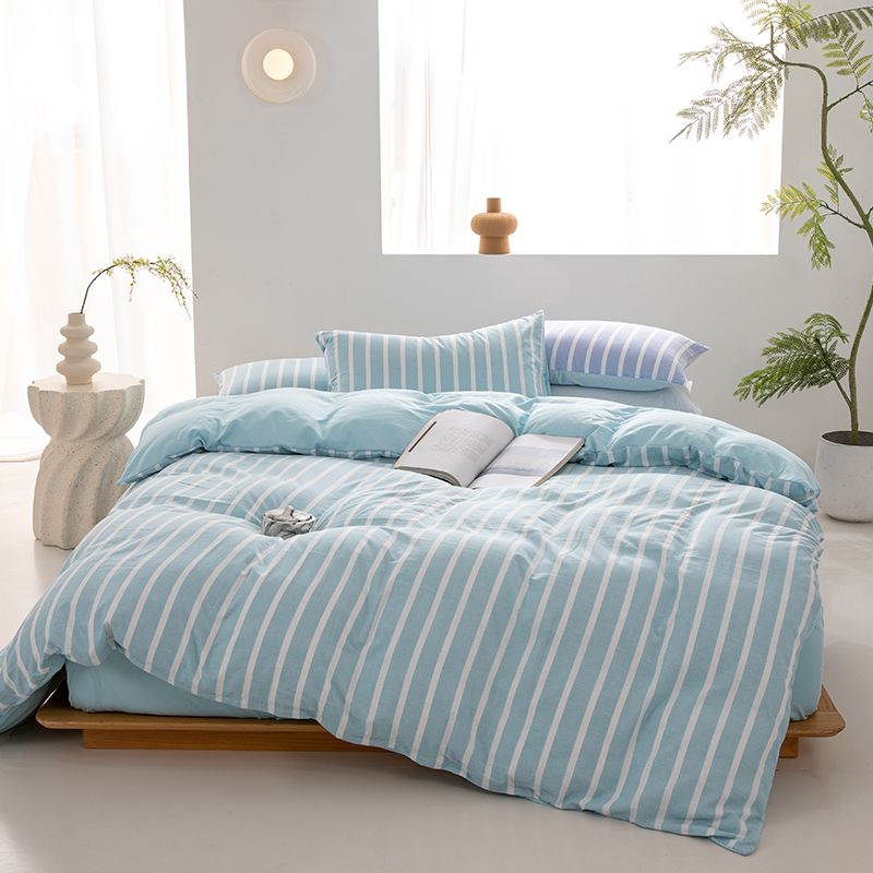 Blue Green Striped Bedding Set | Soft Cotton Duvet Cover with Pillowcases | Minimalist Aesthetic Bedroom Set Queen King