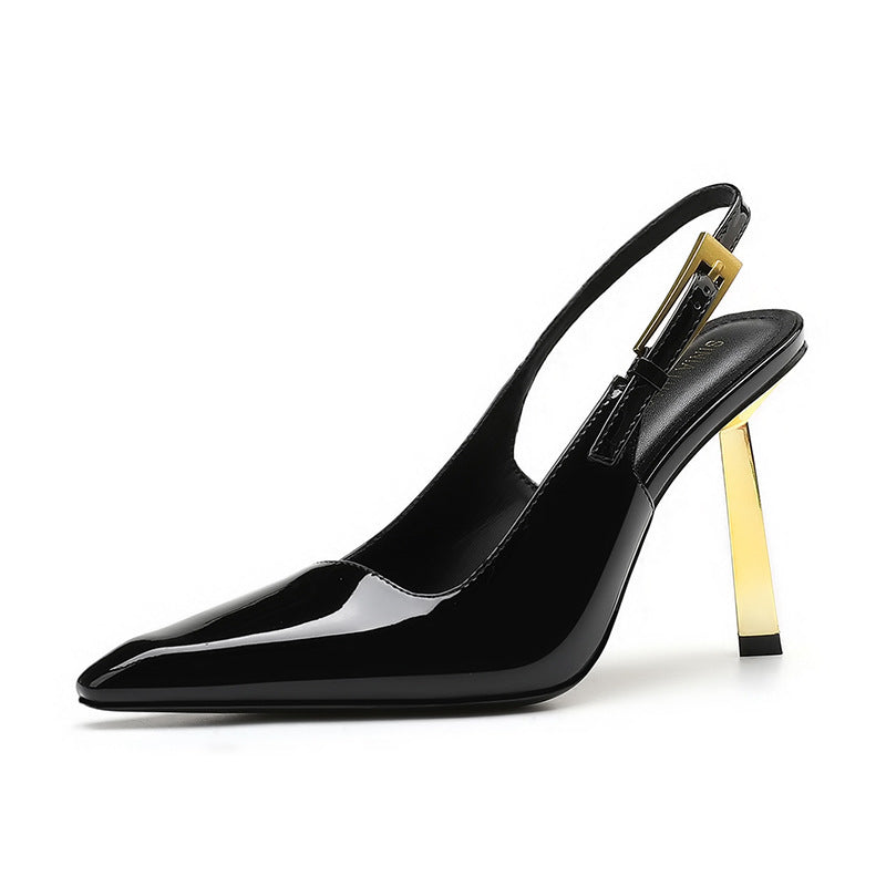Black Patent Leather Pointed Toe Slingback Pumps with Gold Blade Metal Heel & Gold Buckle | Luxury Designer Heels for Women