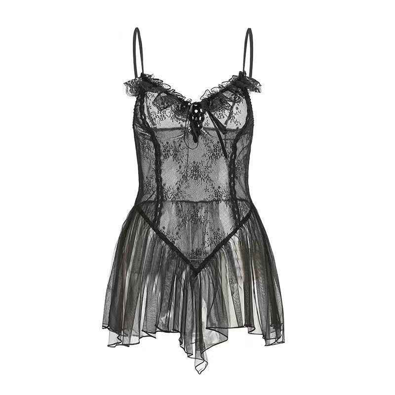 Women's Black Lace Corset Mesh Ruffle Mini Slip Dress ? Sexy Sheer Boned Babydoll Nightgown Lingerie