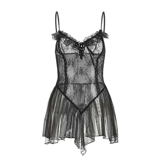 Women's Black Lace Corset Mesh Ruffle Mini Slip Dress ? Sexy Sheer Boned Babydoll Nightgown Lingerie