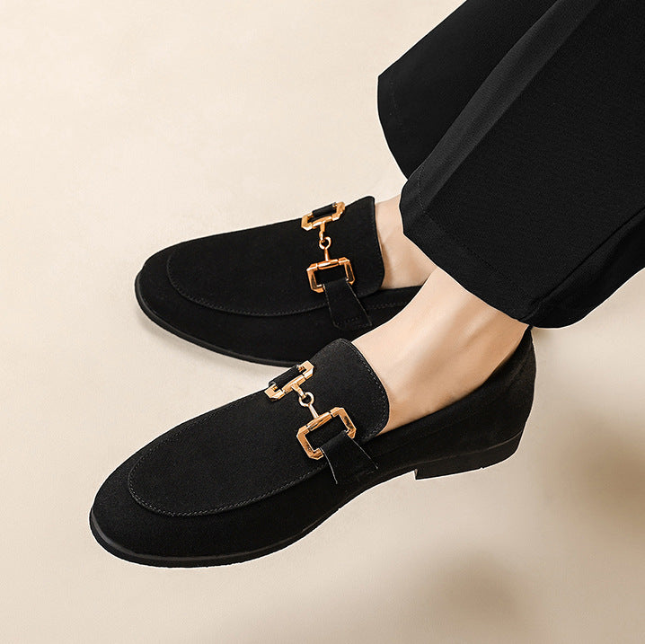 Beige Suede Horsebit Loafers for men| Gold Chain Slip-On Flat Shoes | Elegant Office Casual Footwear