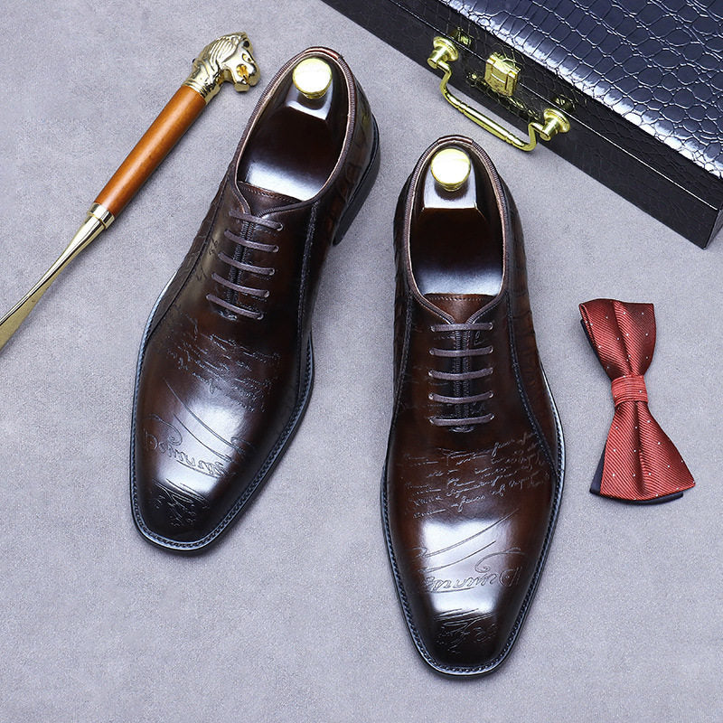 Men's Tan Hand-Painted Script Engraved Luxury Oxford Shoes