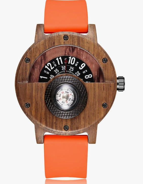 Mens Wooden Watch with Built In Compass Unique Turntable Dial Natural Wood Bracelet Quartz Wristwatch Handcrafted Gift for Men
