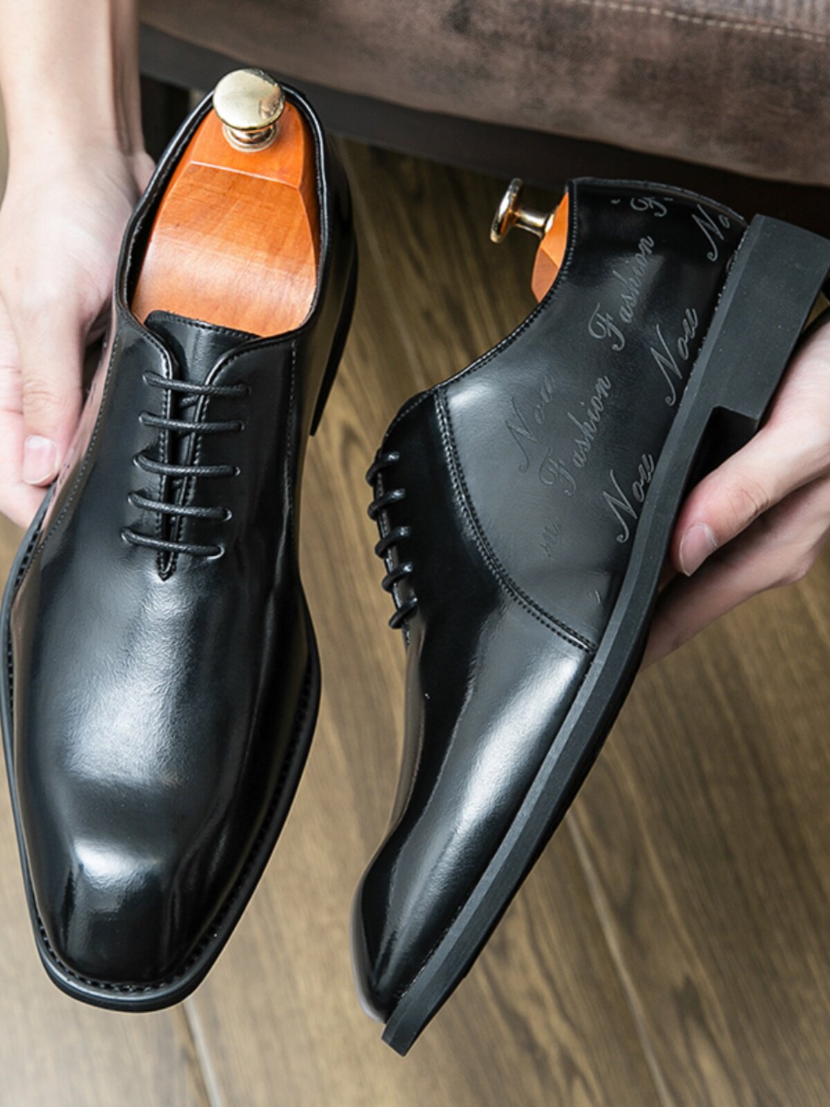 Men's Black Bronze Patina Leather Oxford Dress Shoes | Script Embossed Luxury Lace-Up Formal Shoes