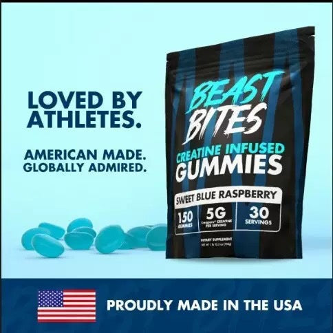 Beast Bites Creatine Infused Gummies Sweet Blue Raspberry | 5g Creatine per Serving | 150 Gummies 30 Servings
