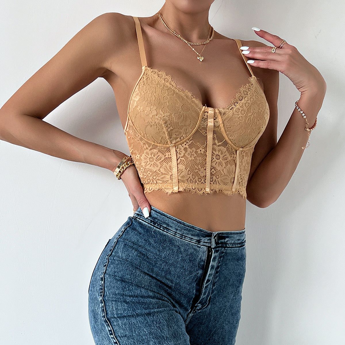 Orange Floral Lace Longline Bustier Bra Top | Scallop Edge Corset Crop Top | Women's Sexy Cami Bralette