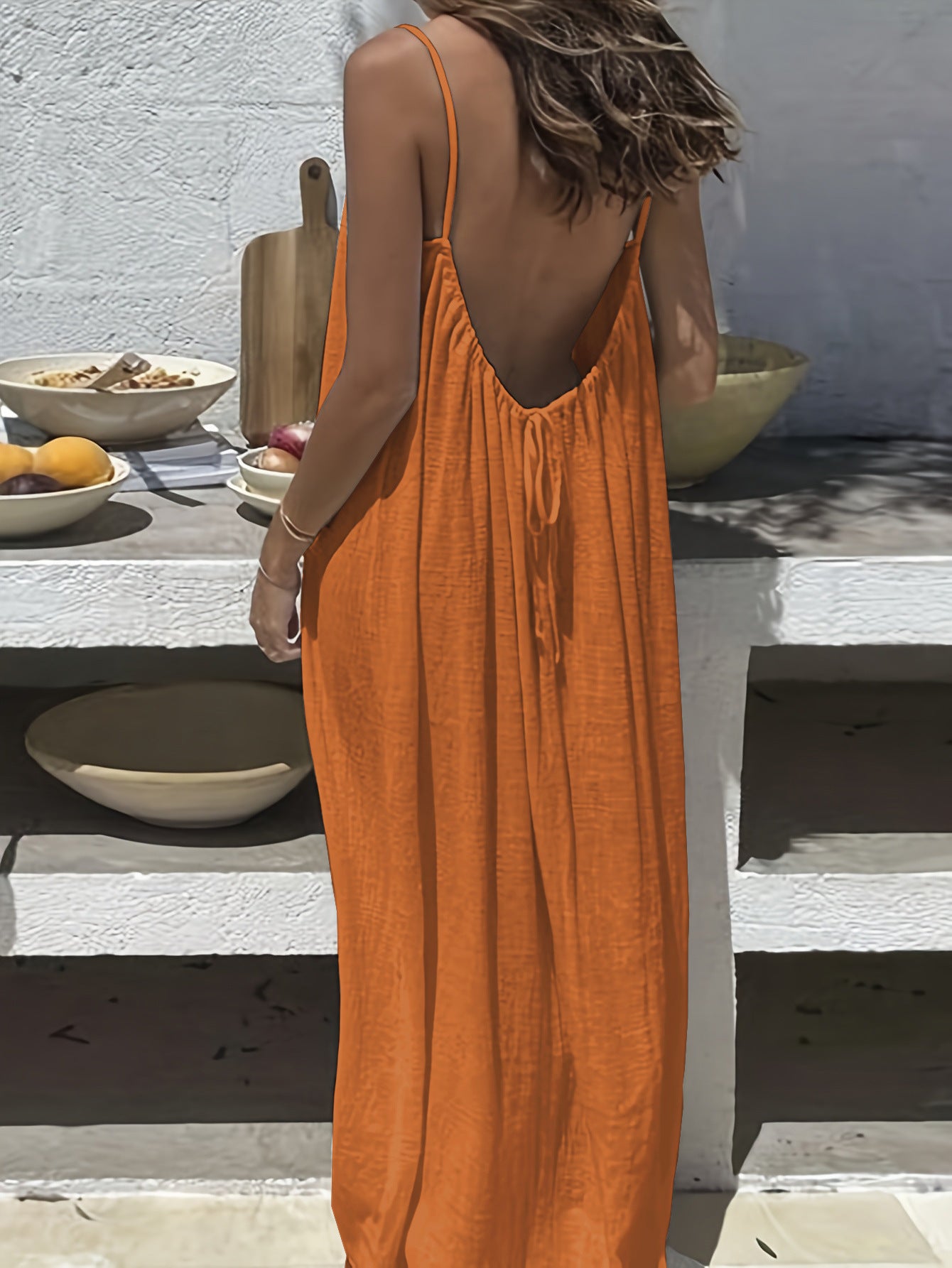 Women's White Open Back Tie Maxi Dress Spaghetti Strap Flowy Loose Beach Sundress Boho Summer Vacation Dress