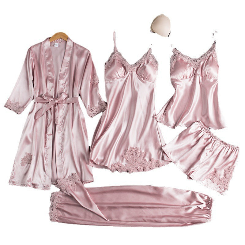 Black Satin Lace Pajama Set | 5-Piece Silk Sleepwear for Women