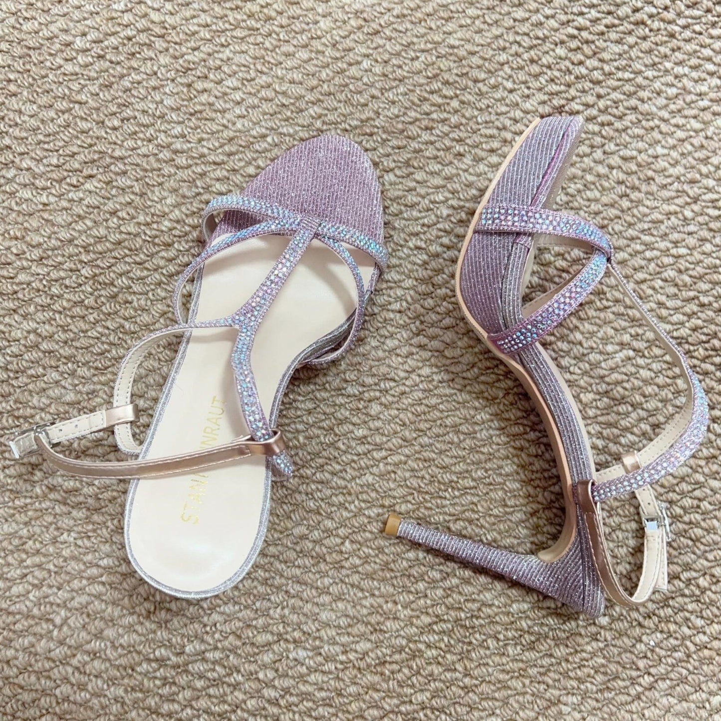 Pink Champagne Rhinestone Strappy Platform Stiletto Sandals | Crystal Embellished Evening Heels