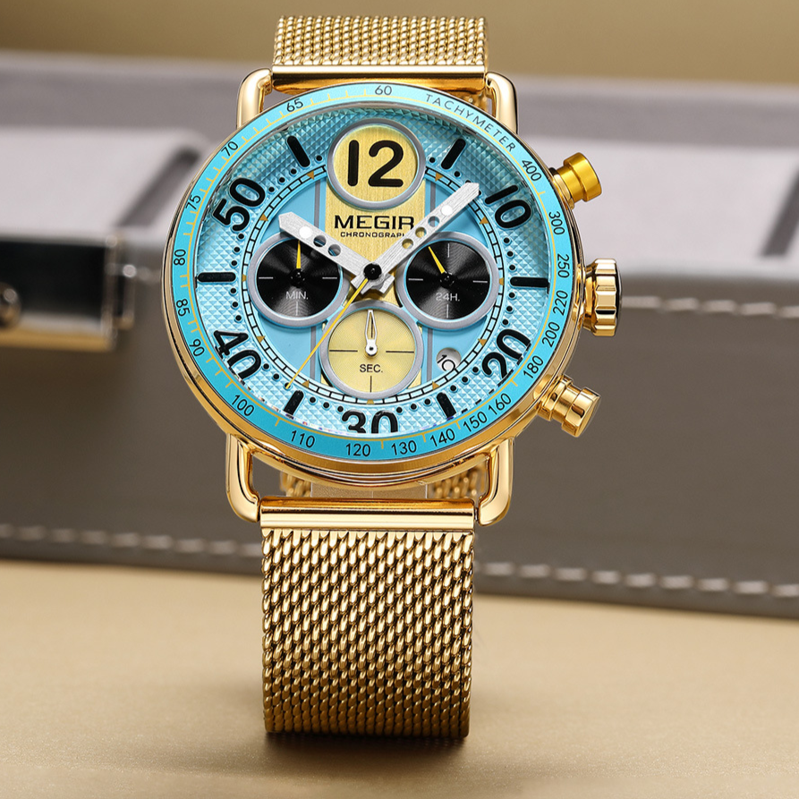 MEGIR Chronograph Men's Watch | Sky Blue Dial Gold Mesh Bracelet Tachymeter Multifunction Sport Luxury Timepiece