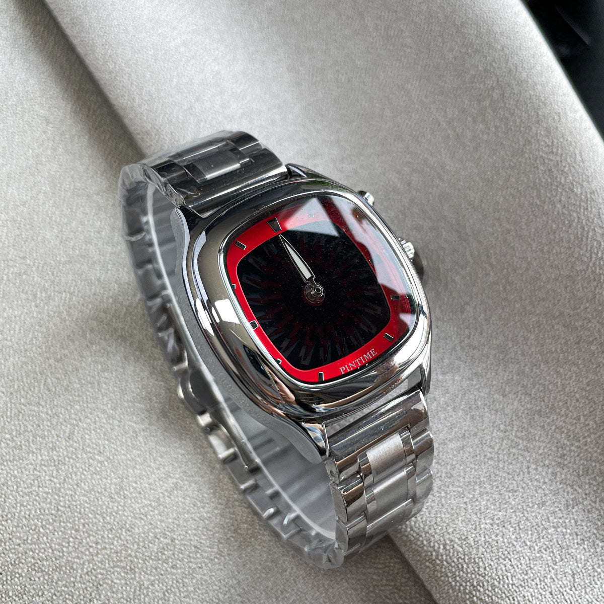 Men's Retro Cushion Square Watch | Red Grid Dial Domed Crystal Silver Stainless Steel Vintage Style Quartz Watch