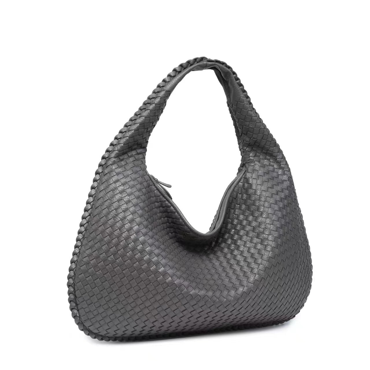 Black Woven Leather Hobo Bag Intrecciato Style Large Shoulder Tote Zip Closure | Women Luxury Designer Inspired Handwoven Handbag Everyday Casual Purse