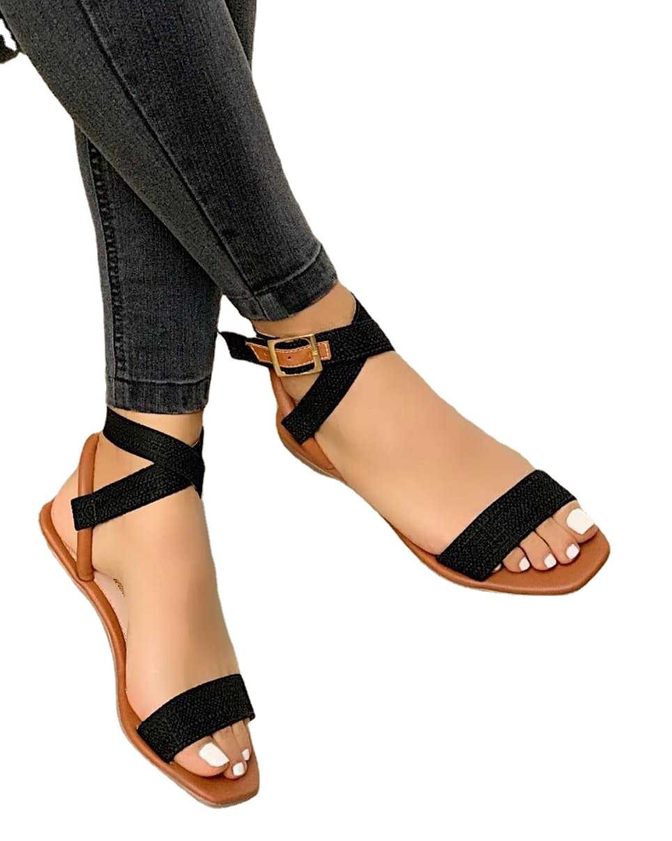 Women's Black Ankle Strap Flat Sandals with Gold Buckle ? Boho Chic Open Toe Summer Shoes