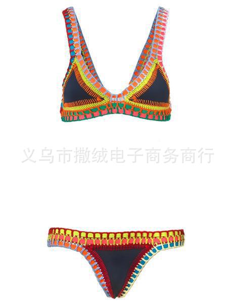 Black Gold Crochet Trim Bikini Set | Triangle Top & Low Rise Bottoms | Luxury Metallic Knit Edge Two Piece Swimsuit Women