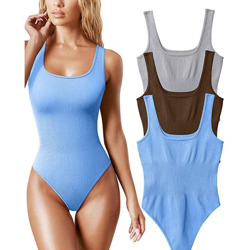 Ribbed Thong Bodysuit for Women | Scoop Neck Sleeveless Fitted Body Suit | 8 Colors Seamless Stretch Tank Bodysuit
