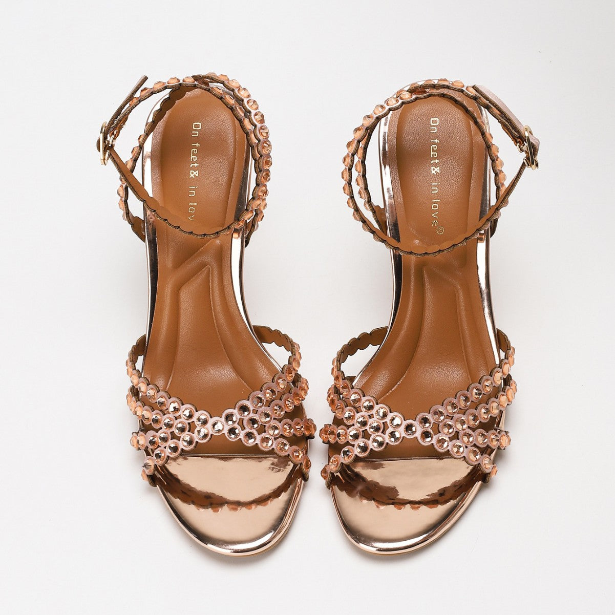 Rose Gold Mirror Metallic Crystal Circle Gem Embellished Strappy Heeled Sandals with Ankle Buckle | Luxury Glamorous Evening Heels for Women