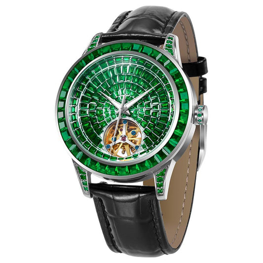 Black Tourbillon Automatic Mechanical Watch Crystal Bezel 3D Textured Dial Black Leather Strap | Men Luxury Skeleton Gold Movement Dress Wrist Watch