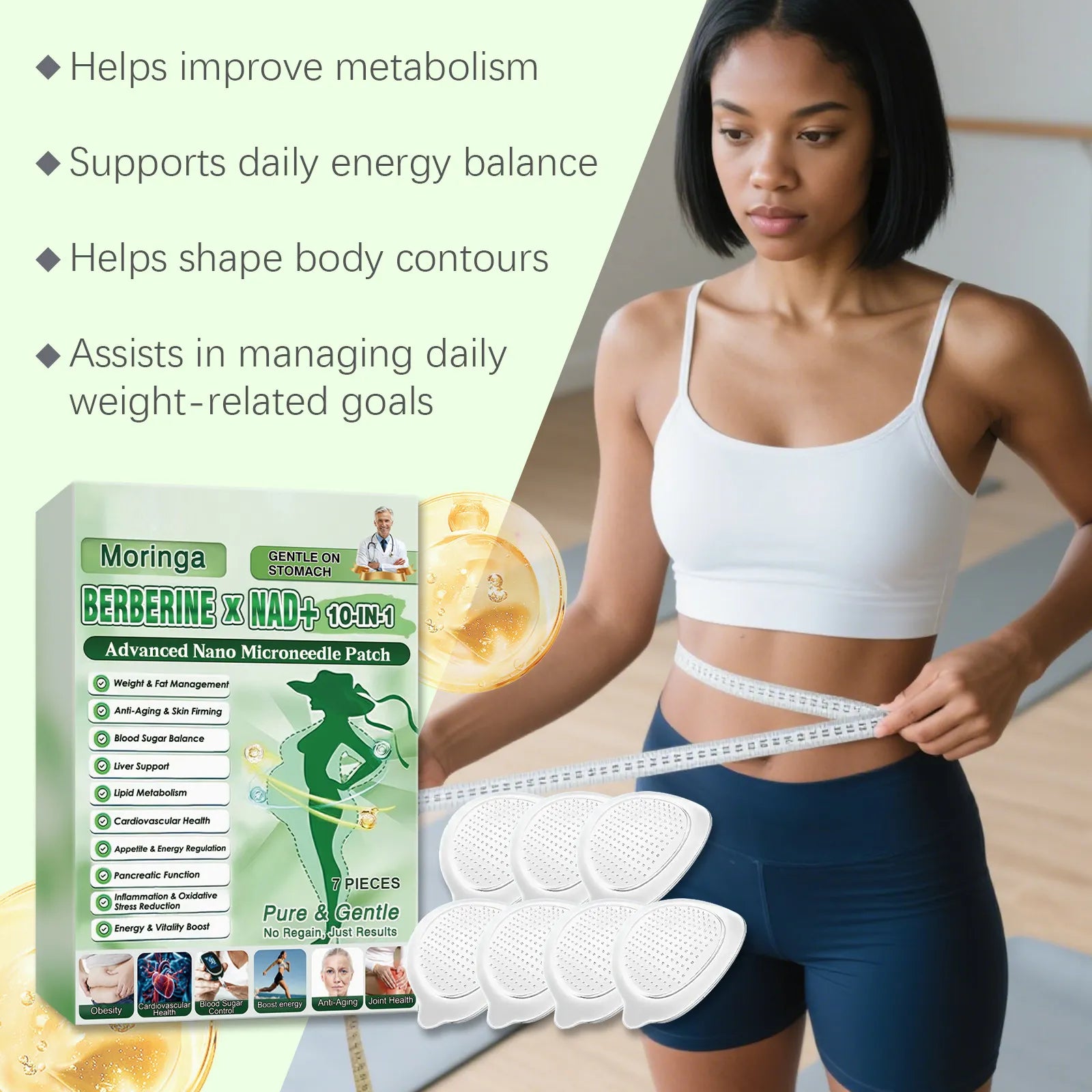 Moringa Berberine NAD+ 10-in-1 Nano Microneedle Patch 3 Pack | Weight Management Blood Sugar Belly Fat Patch