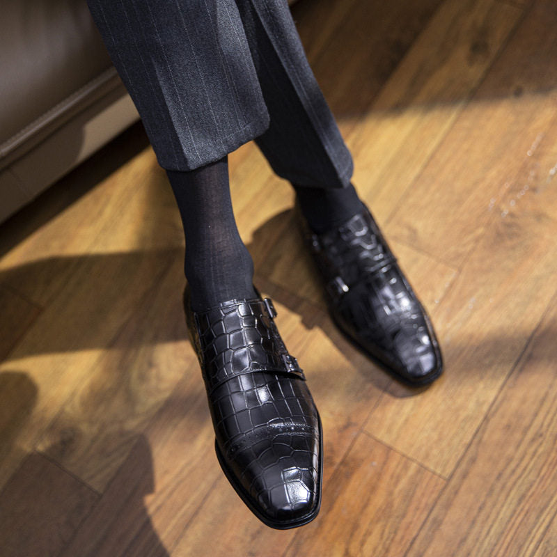 A.N.M. Bullock Men's Crocodile Embossed Double Monk Strap Shoes | Cognac Brown Luxury Dress Shoes