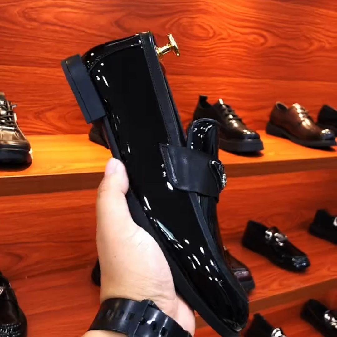Men's Black Patent Leather Logo Loafers | Triangle Badge Strap Slip-On Chunky Sole Dress Shoes