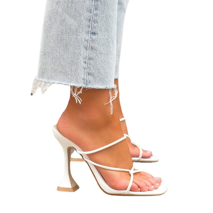 White Strappy Sculptural Heel Mules | Square Toe Thin Strap Flared Heel Sandals for Women