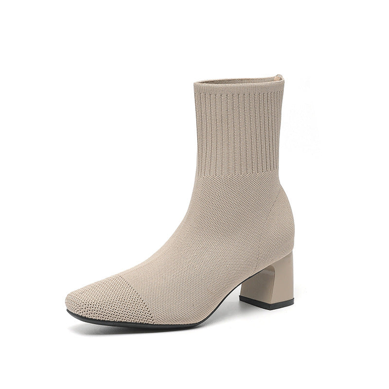Black Ribbed Knit Sock Block Heel Ankle Boots | Women's Stretch Pointed Toe Silver Accent Heel Booties