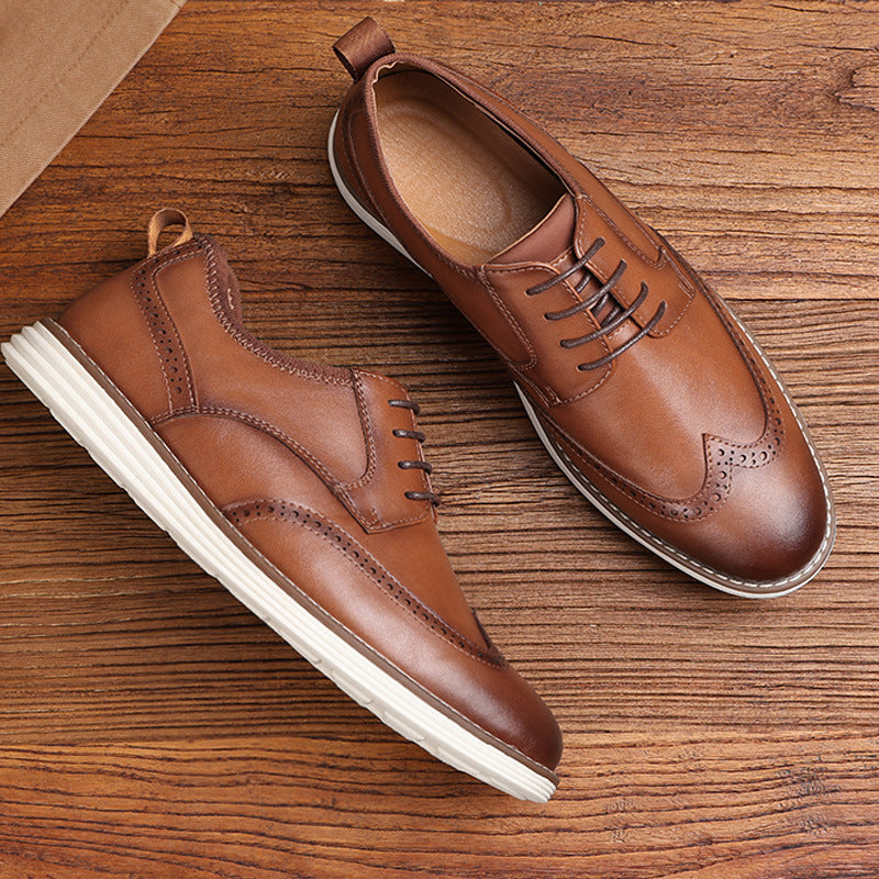 Men's Brown Leather Brogue Oxford Shoes | Wingtip Lace-Up Casual Dress Shoes with White Chunky Sole | Smart Casual Derby Shoes