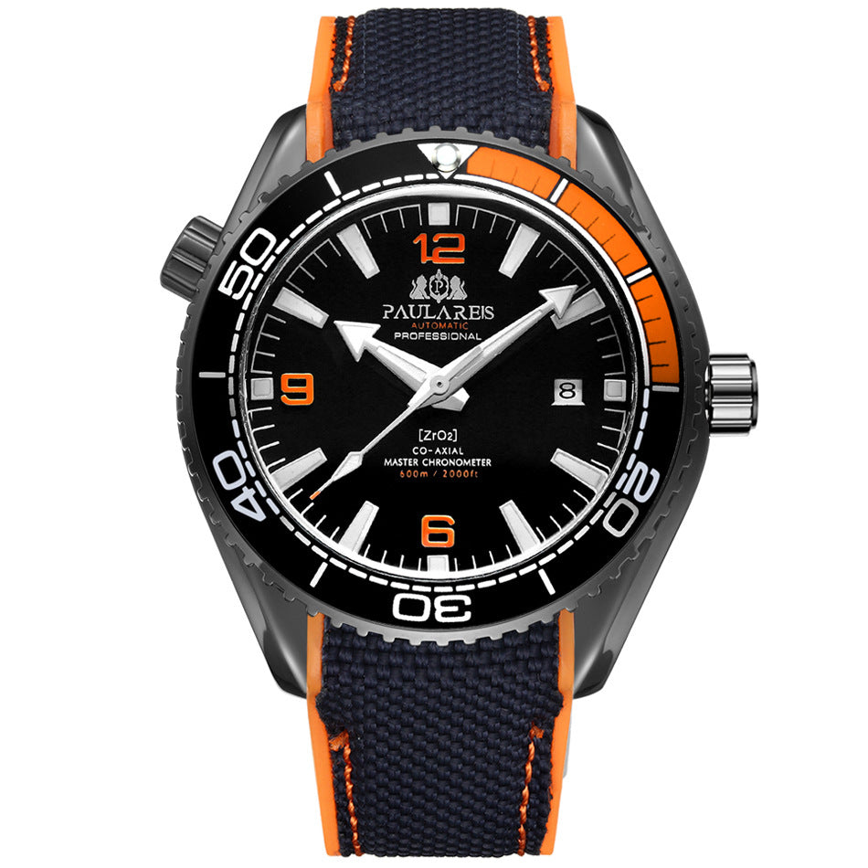 Paulares Professional Herren-Taucheruhr | Cremefarbenes Zifferblatt, orangefarbene Lünette, graues NATO-Nylonarmband, Meisterchronometer, Sportuhr 