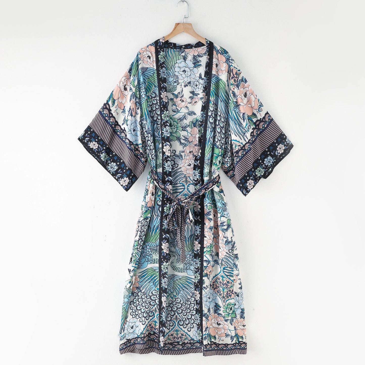 Boho Floral Peacock Print Kimono Robe for Women | Belted Long Midi Wrap Kimono Cardigan ? Beach Cover Up
