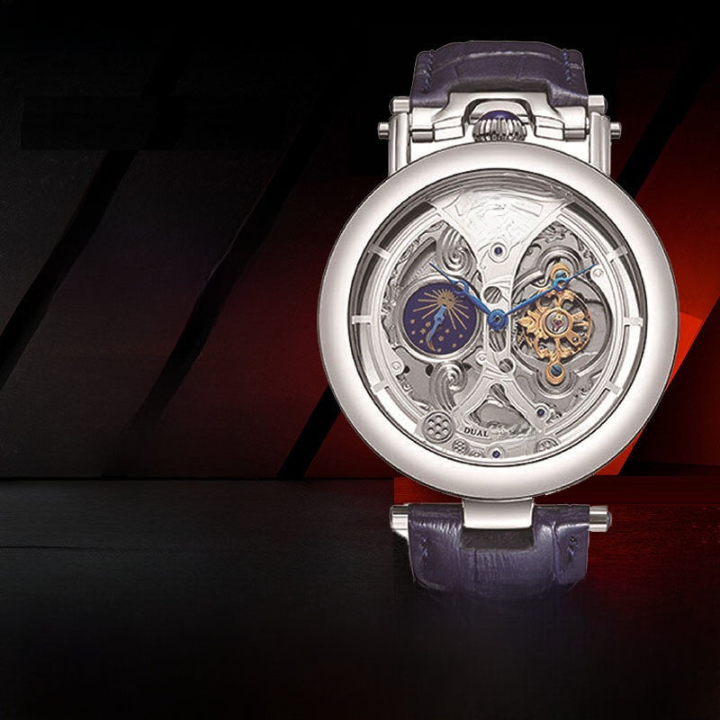 Difful Original Automatic Skeleton Watch | Dual Time and Sun Moon Display | Tourbillon Style | Blue Leather Strap | Luxury Mens Mechanical Watch