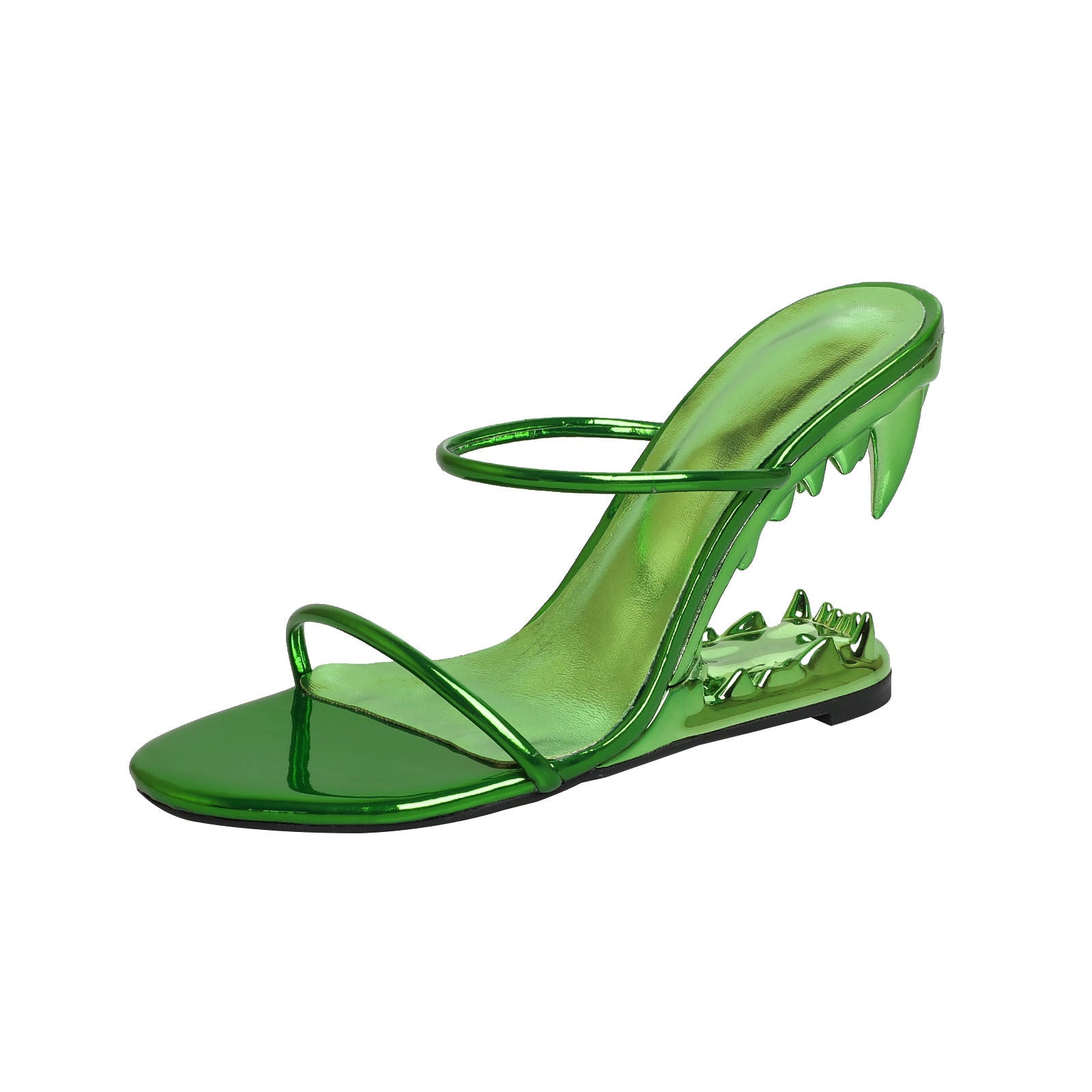 Black Patent Sculptural Fang Wedge Heel Strappy Mule Sandals | Women's Avant Garde Open Toe Heels