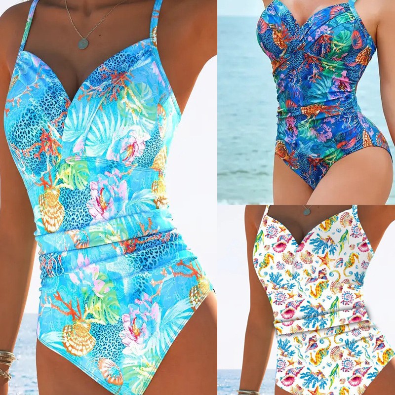 Costume intero Blue Ocean Print | Scollo a V arricciato incrociato per controllo addominale | Costumi da bagno tropicali a corallo allacciati al collo da donna