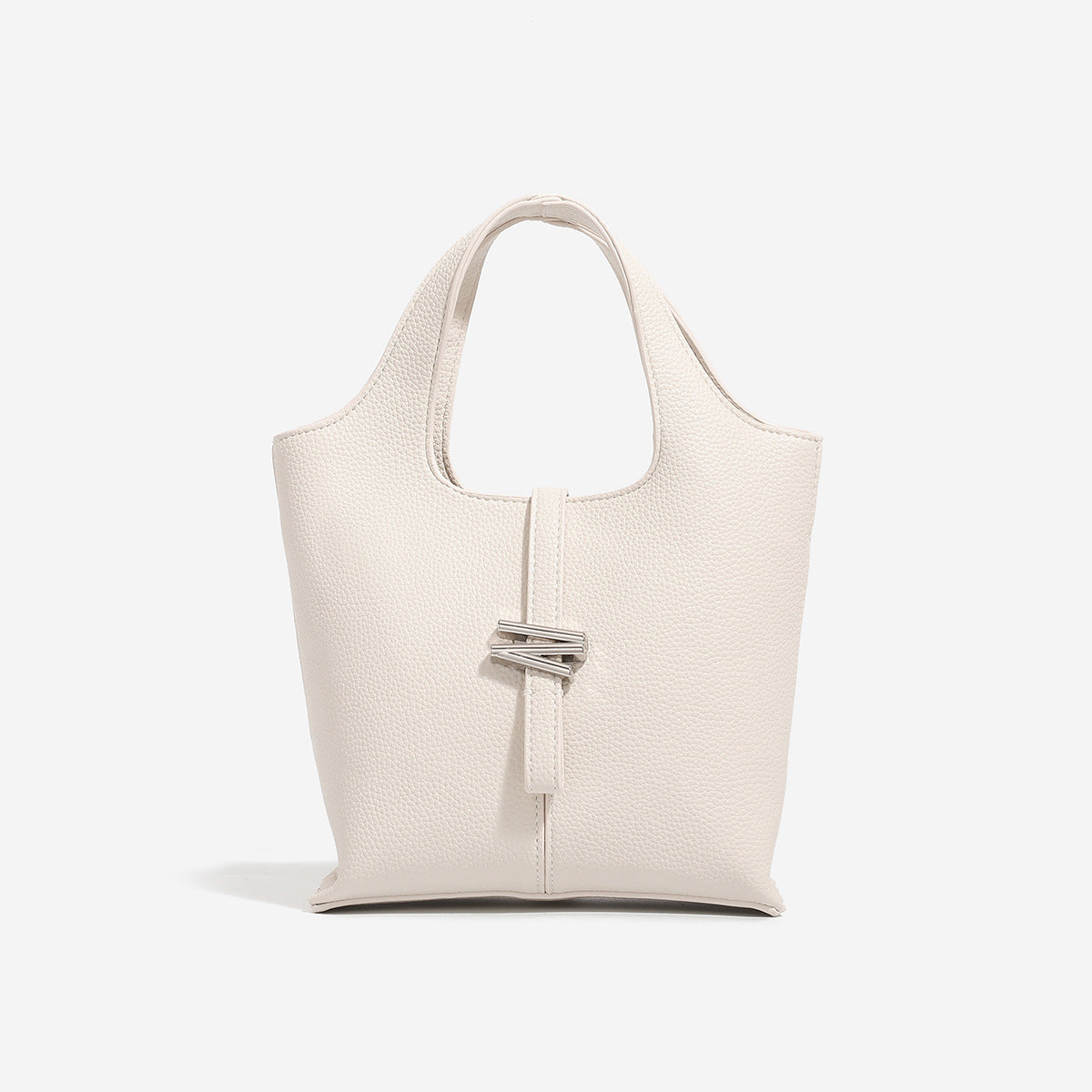 Cream Pebbled Leather Mini Tote Bag | Women's Top Handle Bucket Bag with Silver Knot Hardware Detail