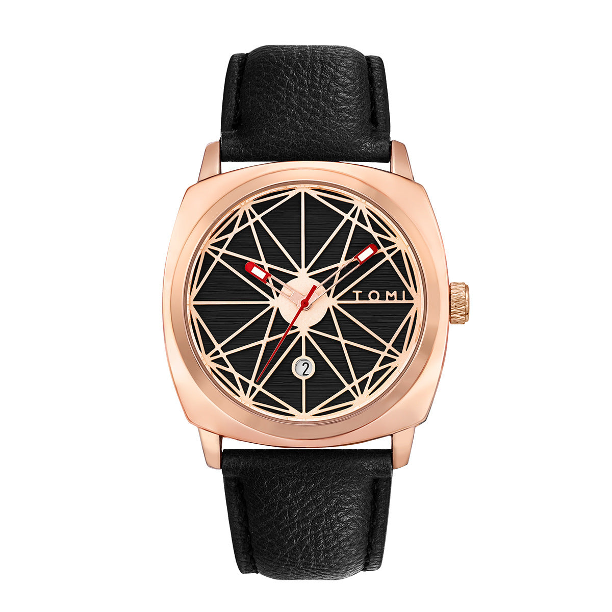 TOMI All Black Geometric Dial Men's Watch | Red Accent Hands Cushion Case Black Leather Strap Date Watch