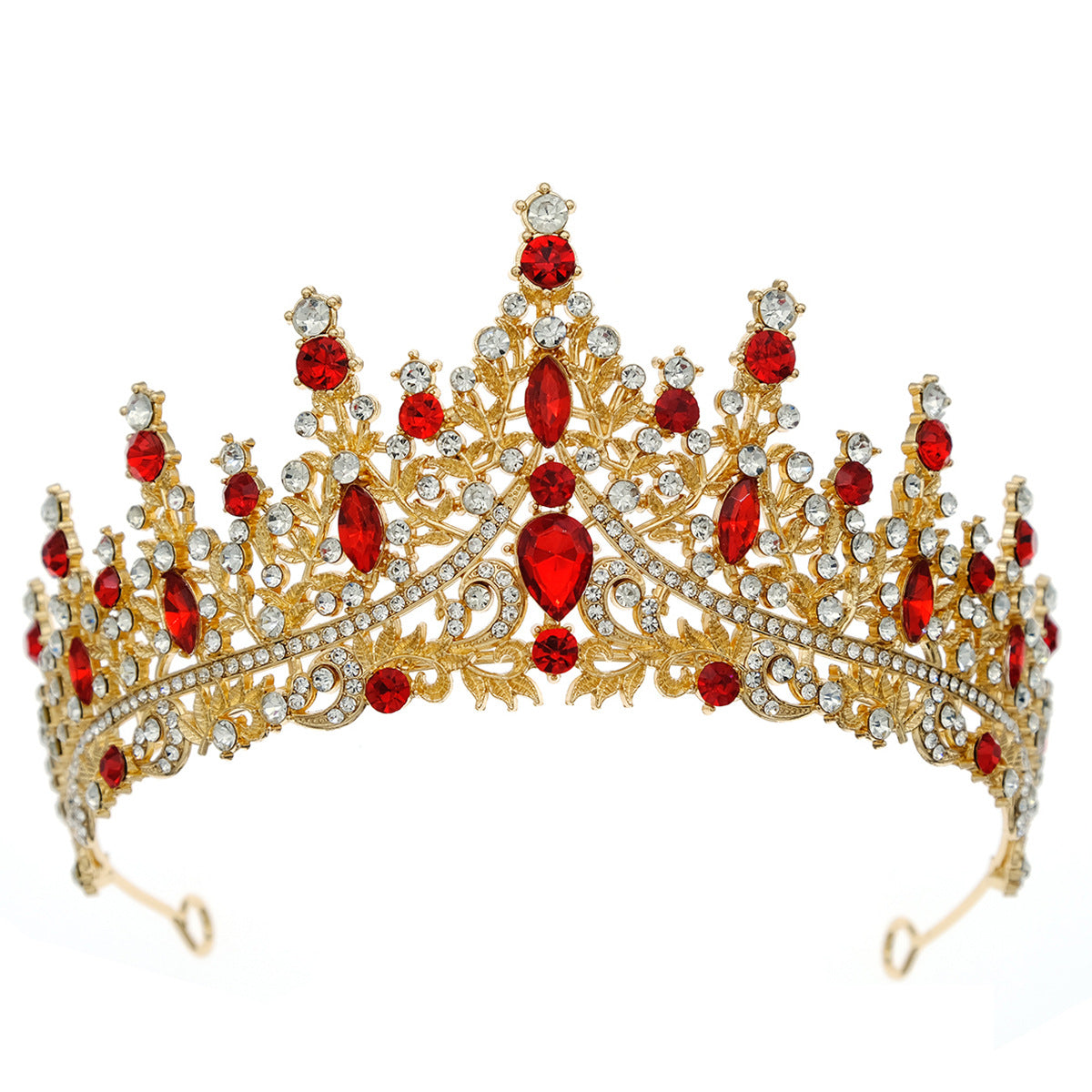 3 Piece Red Crystal Bridal Jewelry Set | Gold Crown Tiara Necklace & Earrings | Queen Wedding Pageant Party Jewelry Set