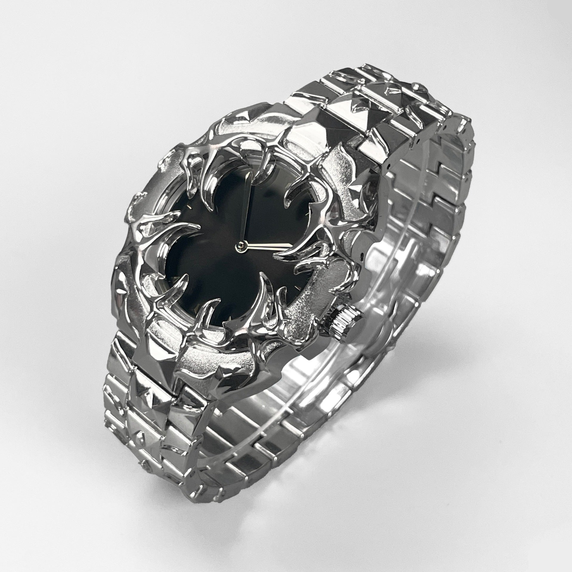 Gothic Black Thorn Spike Watch for Men | Red Dial Dark Luxury Stainless Steel Quartz Timepiece