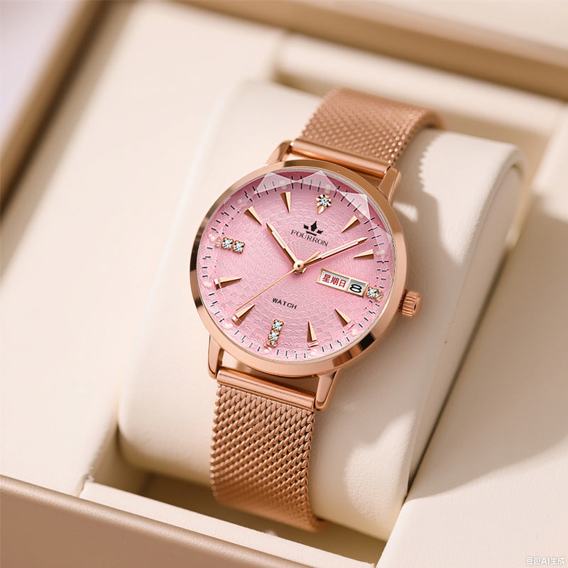Fourron Rose Gold Mesh Women's Watch | White Dial Crystal Markers Day Date Display Elegant Quartz Timepiece