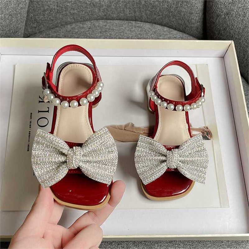 Red Patent Crystal Rhinestone Bow Pearl Strap Sandals for Girls | Diamond Bow Pearl Ankle Strap Kids Dress Sandals | Luxury Princess Party Wedding Sandals | Elegant Little Girl Formal Shoes