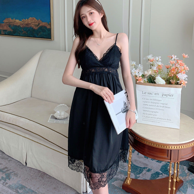 Women's Black Satin Lace Trim Nightgown and Robe Set Sexy 2 Piece V Neck Slip Dress with Long Sleeve Dressing Gown Sleepwear