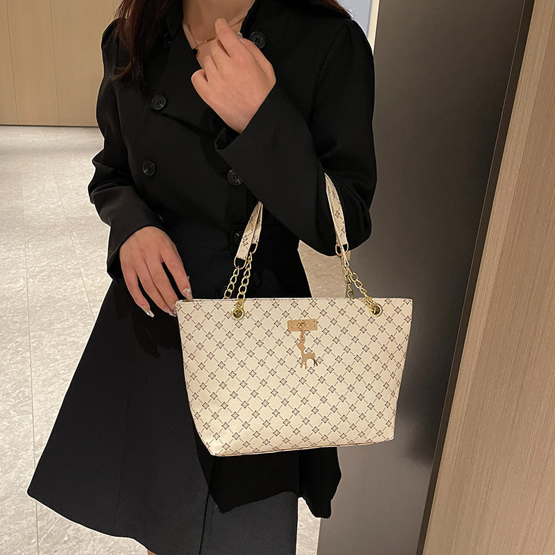 Black Monogram Pattern Chain Strap Tote Bag Gold Deer Charm Lock Detail Shoulder Bag | Women Luxury Designer Inspired Large Everyday Handbag Purse