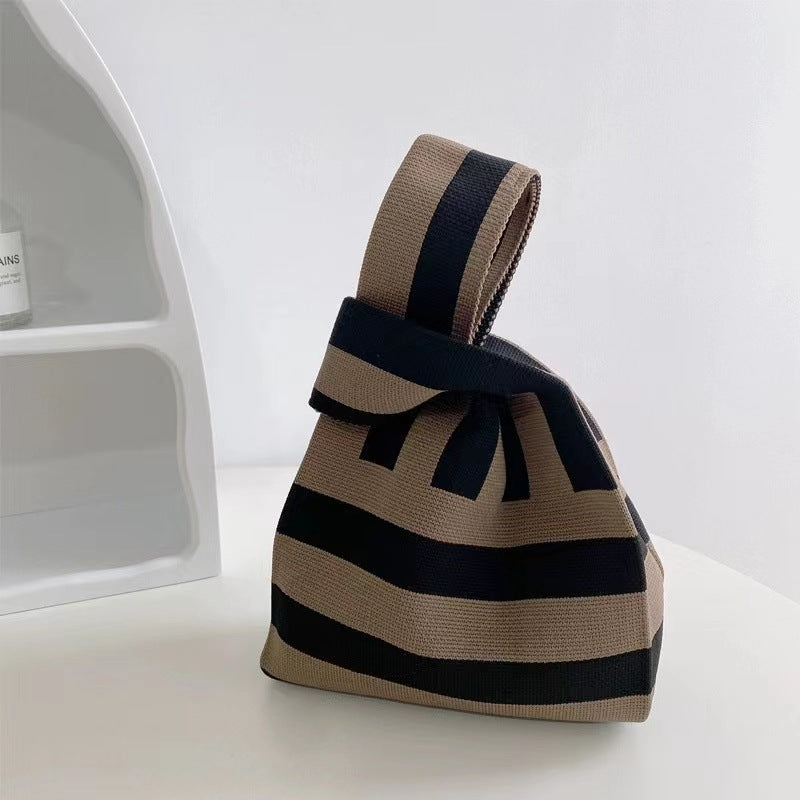 Black & White Geometric Knit Tote Bag | Aztec Pattern Wrist Handle Handbag | Boho Crochet Style Women's Bag