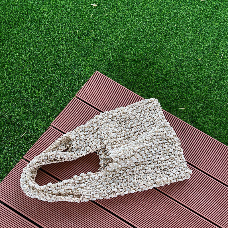 Women's Pearl Beaded Crochet Tote Bag in Cream Ivory, Handwoven Shoulder Bag for Beach Vacation and Summer