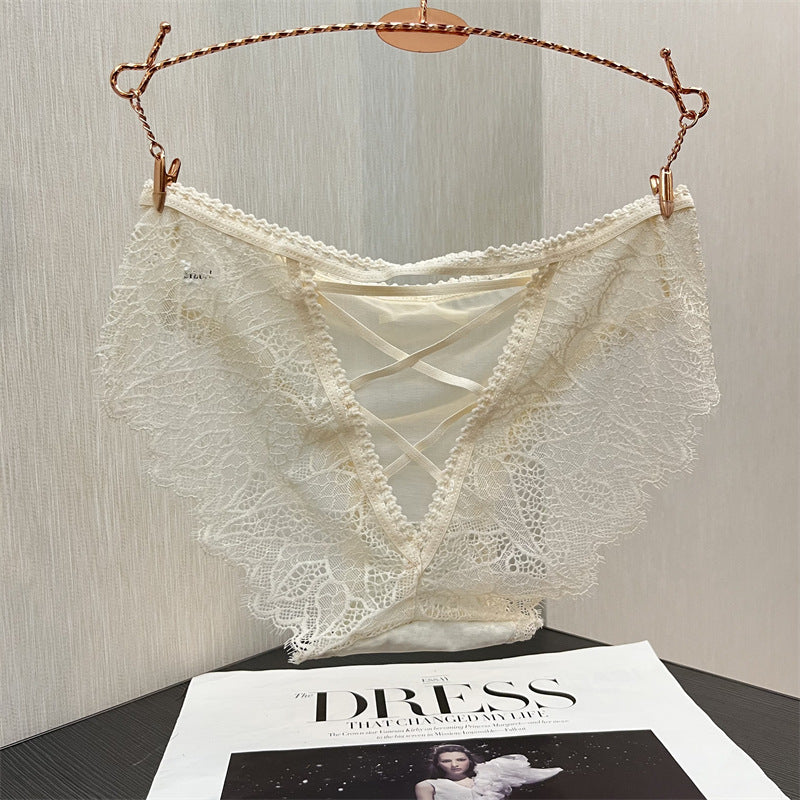 Damen Höschen mit schwarzer Spitze und überkreuzter Vorderseite | Transparente Mesh-Schnürunterwäsche | Sexy Wimpernspitzen-Slips