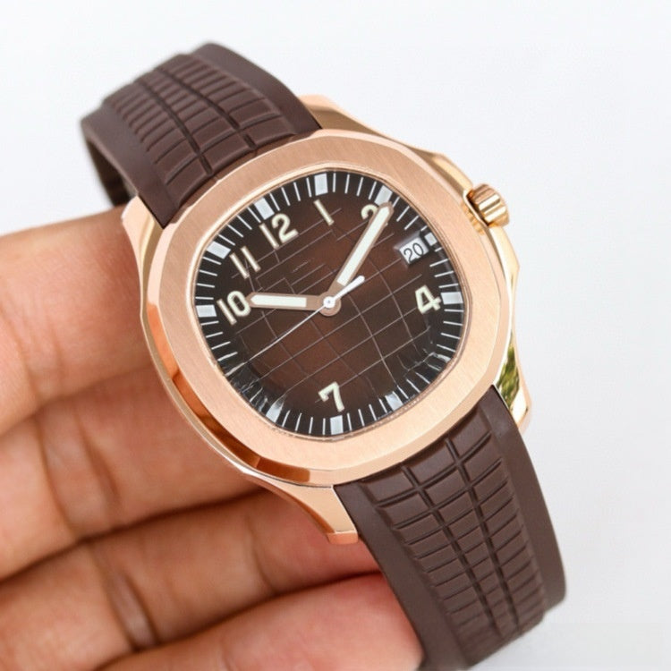 Men's Sport Luxury Watch | Black Grid Dial Stainless Steel Case Rubber Strap | Aquanaut Style Luminous Timepiece