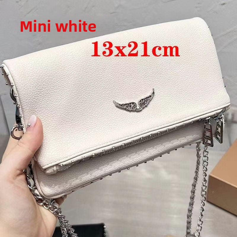 Zadig & Voltaire White Leather Crossbody Bag - Rock Nano Bag with Wings & Chain Strap | Designer Clutch with Tassel