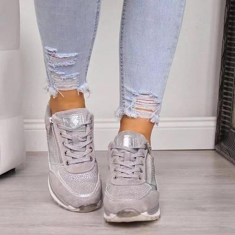 Silver Rhinestone Crystal Zip Lace-Up Wedge Sneakers | Glam Diamante Platform Trainers for Women