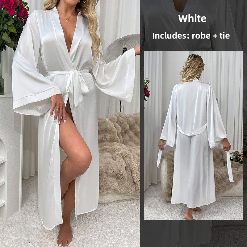 Women's Black Satin Maxi Robe with Belt Sexy Deep V Neck Flared Sleeve Floor Length Dressing Gown Kimono Sleepwear